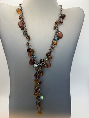 Asymetrical Amber Tone Bead Dangle Y-Drop Gunmetal Necklace Boho